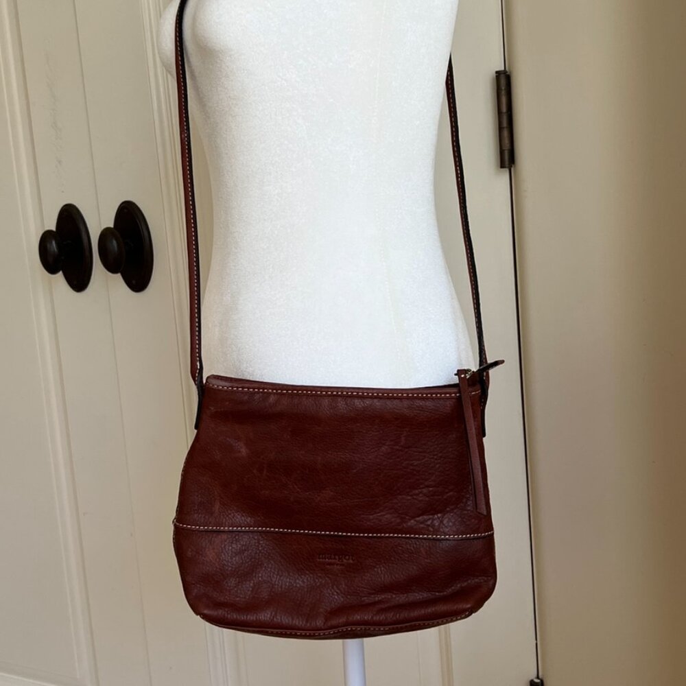 Margot New York Leather Derby Crossbody Zipper Closed Bag Purse Rich Brown
